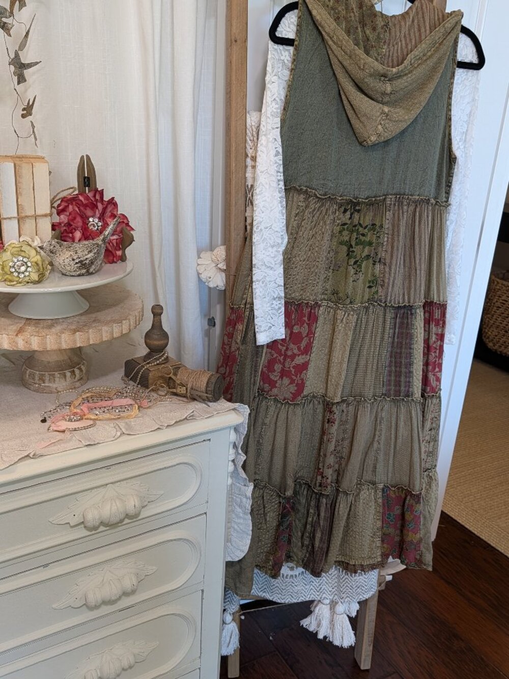 Boho Patchwork Tiered Button-Front Maxi Dress / Duster-GRAVEL(NEW COLOR) - Picture 5 of 5